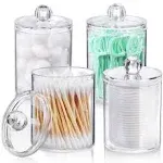 AOZITA 4 Pack Qtip Holder Dispenser for Cotton Ball, Cotton Swab, Cotton Round Pads, Floss Picks - 10 oz Clear Plastic Apothecary Jar Set for Bathroom