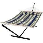 SUNCREAT Double Hammock, Extra Large Quilted Fabric Swing with Hardwood Spreader Bars & Detachable Pillow, Heavy Duty, Perfect for Indoor/Outdoor Patio, Deck, Yard, Blue&Aqua