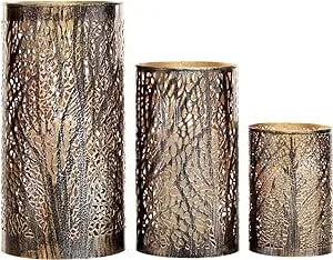 Deco 79 Metal Indoor Outdoor Candle Lantern Cutout Tree Branch Lantern Candle Holder with Gold Interior, Set of 3 Lantern 12", 9", 5"H, Bronze