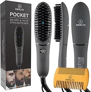 Aberlite Pocket - Compact Beard Straightener for Men - Ionic & Anti-Scald Technology - Beard Straightening Heat Brush Comb Ionic - for Home and Travel