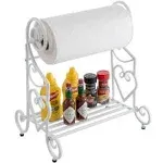 MyGift White Metal Paper Towel Holder Stand and Slatted Condiment Shelf Rack with Decorative Heart Scrollwork Design