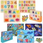 Asher and Olivia Wooden Toddler Puzzles (6-pack) and Storage Rack, Peg Puzzles, Alphabet, Numbers, Shapes, Animals