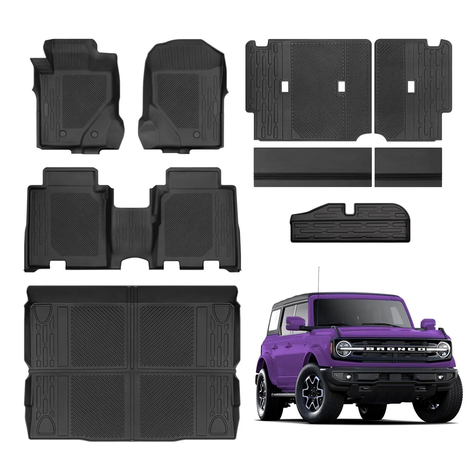 9Pcs Floor Mats for Ford Bronco 4 Door 2024-2021 Full Sets All Weather Floor Mat for Ford Bronco Accessories 2024-2021 Rear Back Seat Cover Protector Trunk Frunk Cargo Liner