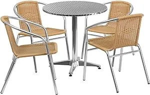 Flash Furniture 27.5'' Round Aluminum Indoor-Outdoor Table Set with 4 Beige Rattan Chairs