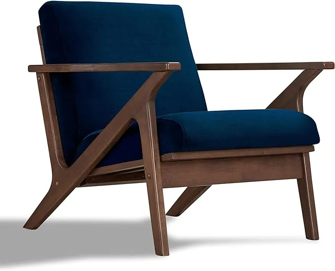 Zola Mid Century Modern Accent Chair Arm Chair: The Perfect Reading, Living Room, and Bedroom Chairs for Modern Home Furniture Use! Solid Wood Frame, Blue Velvet/Walnut