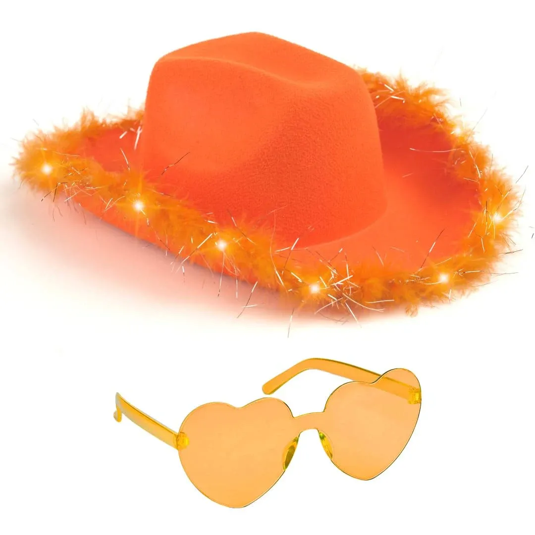 Funcredible Orange Cowboy Hat and Glasses Light Up Cowgirl Hat for Girls Cowboy Hat with Feathers Halloween Hats for Women