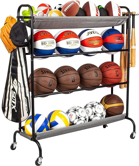 Basketball Rack, Garage Ball Storage Stand 4-Layer Ball Rack Rolling Balls Organizer with Baseball Bat Holder & Hooks Sport Equipment Storage Cart with Wheels for Football Volleyball Soccer