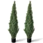 Set of 2 Pre-Potted 3 Feet Faux Cedar Tree, Lifelike UV Protected Front Door Dec