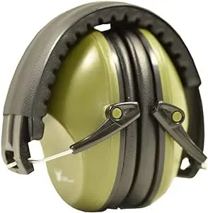 Earmuff hearing protection with low profile passive folding design 26dB NRR and reduces up to 125dB , Army Green