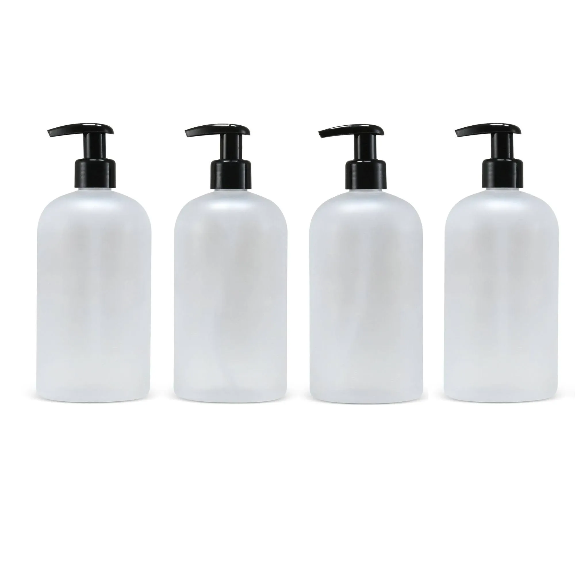 Bottiful Home-16 oz Empty PET Plastic Refillable Bottles-Set of 4-with Lotion Pumps for Shampoo, Conditioner, Body Wash, Hand Soap, Dish Soap, Lotion, Cleanser-Drip Free, Rust-Free (Frosted Clear)