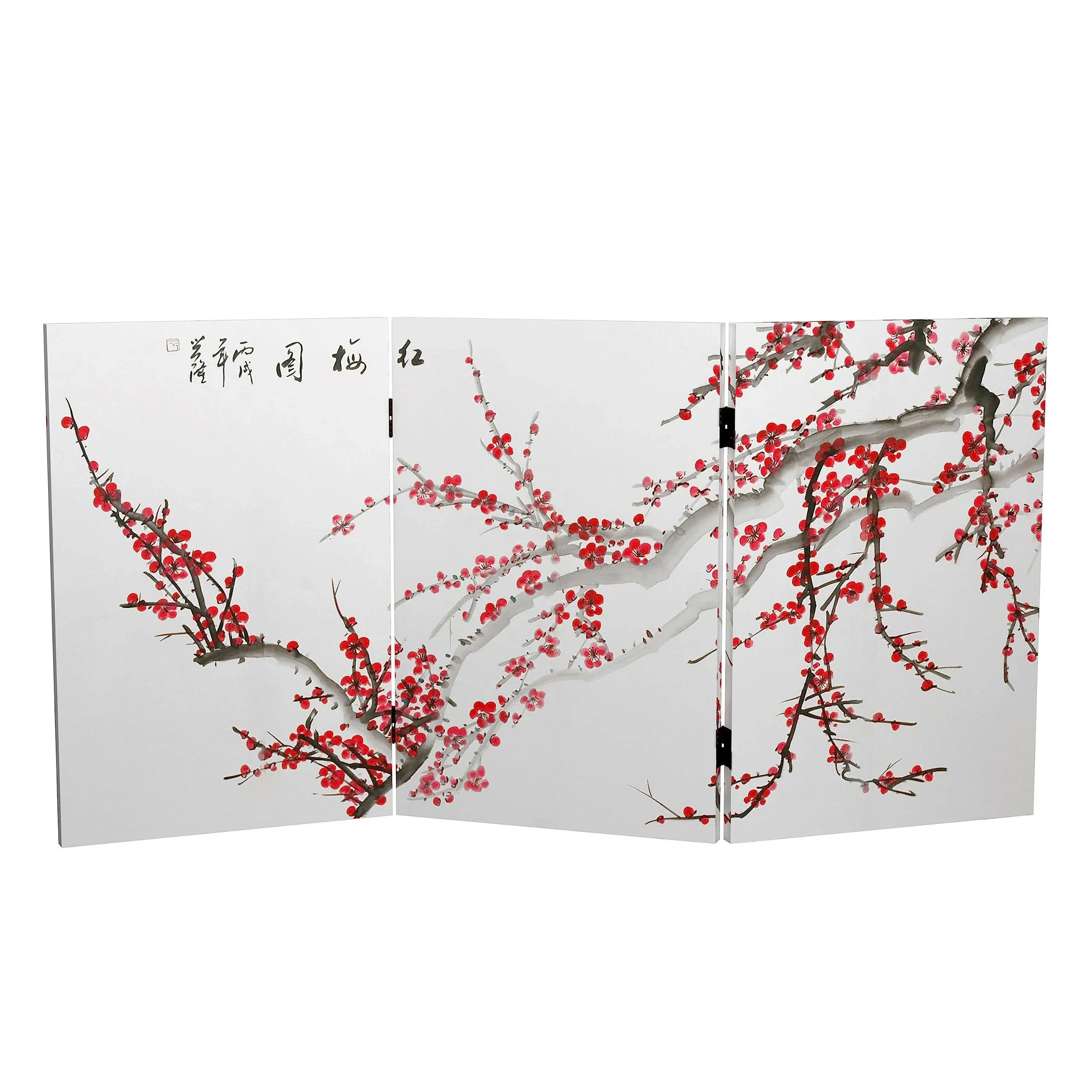 Red Lantern 2 ft. Short Double Sided Plum Blossom Canvas Folding Screen 3 Panel Freestanding Partition and Separator for Modern and Contemporary Bedroom, Home Office, Studio, Dorm, Apartment