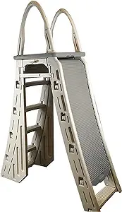 Confer Plastics 7200 Roll Guard 48" to 56" Adjustable A Frame Safety Ladder for Above Ground Outdoor Patio Swimming Pool Platform Ladder with Step Barrier, Warm Grey…