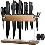 Kitchen Knife Set with Block 15 Pcs, Black Knife Set with Block and Sharpener, Sharp Knife Block Set with Wood Acrylic Stand, Stainless Steel Knives