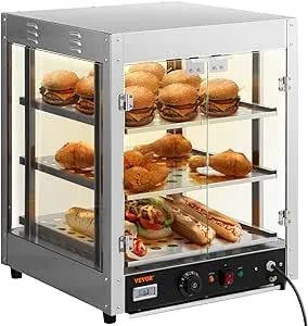 Commercial Food Warmer Countertop Pizza Cabinet with 3 Tiers, Convection Heating, Temperature Control, and Glass Display