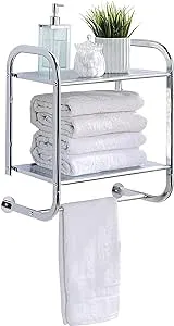 SunnyPoint Compact Wall Mount 2 Tier Bathroom Shelf with Towel Bars (Brown)