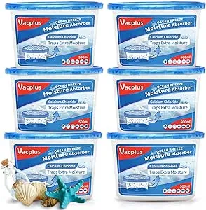 Vacplus Moisture Absorbers 6 pack, 10.5Oz Portable Humidity Absorber Boxes for Your Bathroom, Closet & Car, Dehumidifier with Ocean Fragrance, Light Blue