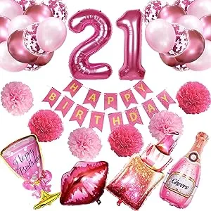 Crenics 21st Birthday Decorations for Her - Rose Pink Happy Birthday Banner, Pom Poms, 21 Number Balloon, Lipstick Champagne Balloons and 24 Latex Balloons for 21st Girls Women Birthday Party Supplies