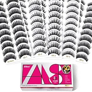 Eliace False Eyelashes Kit, (50 Pairs, 5 Styles), Handmade Cat Eye Mink Lashes, Volume 3D Faux Mink Lash Curly & Full, Fake Eyelashes for a Natural Look, Eye Lashes Sets Pack, White Elephant Gift