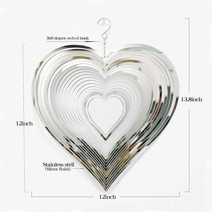 DJUAN Wind Spinner Outdoor Metal Decorations,Silver Heart Wind Spinners for Yard and Garden,Stainless Steel Wind Chimes for Outside Decor,Birthday Gifts for Mom,Mother's Day,Aunt Gifts