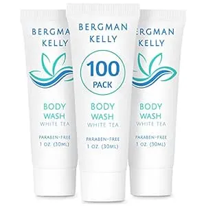 BERGMAN KELLY Travel Size Body Wash (1 fl oz, 100 PK, White Tea), Delight Your Guests with a Revitalizing and Refreshing Hotel Body Wash, Quality Mini and Small Size Guest Hotel Toiletries in Bulk