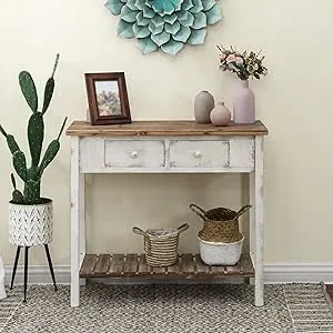 LuxenHome Distressed White and Wood 2-Drawer 1-Shelf Console and Entry Table