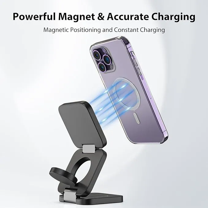 Fast Wireless Charger, Magnetic Foldable 3 in 1 Charging Station for iPhone 16/15/14/13/12/Pro/Plus/Pro Max, 5W Portable Charger for Apple Watch9/8/7/6/5/4/3/SE, for Airpods3/2/Pro-Black