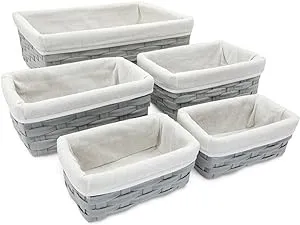 Juvale 5 Pack Wicker Nesting Baskets with Cloth Lining for Pantry Shelves, Rectangular Storage Bins for Organizing Closet (Gray, 3 Sizes)