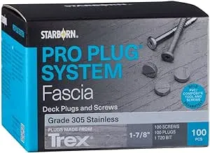 Pro Plug System for Fascia Plug & Screw Kit - Trex Wood Grain White Fascia Plugs & Stainless Steel Screws- 9 x 1-7/8" T-20 Star Dr- 100 Pieces