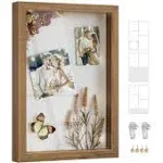 SONGMICS Shadow Box Frame, Set of 2, 1.3-Inch Deep Memory Display Case for Desk Wall Decor, Box Picture Photo Frame with 8 Wood Push Pins, 6 Mats, 3 Non-Trace Nails, Gift, Teak Brown