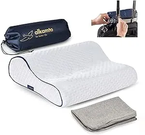 Memory Foam Pillow for Travel and Camping with Extra Cotton Cover – Easy to Carry Portable Bag (White Contour)