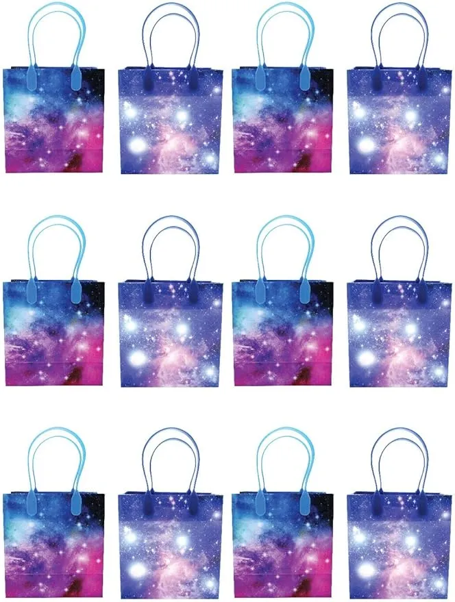 TINYMILLS Galaxy Outer Space Party Favor Treat Bags with Handles, Planet Space Solar System Candy Bags for Birthday Party, Party Supply Decorations Pack of 12