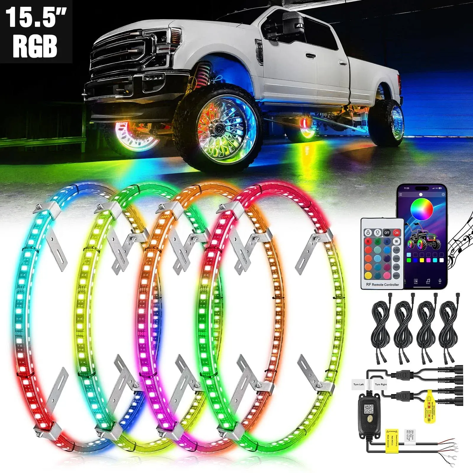 Nilight 4PCS 15.5inch Double Row LED Wheel Ring Lights RGB with APP and Remote Control Neon Wheel Rim Lights w/Turn Signal and Braking Function Dual Row for Car Van SUV Truck