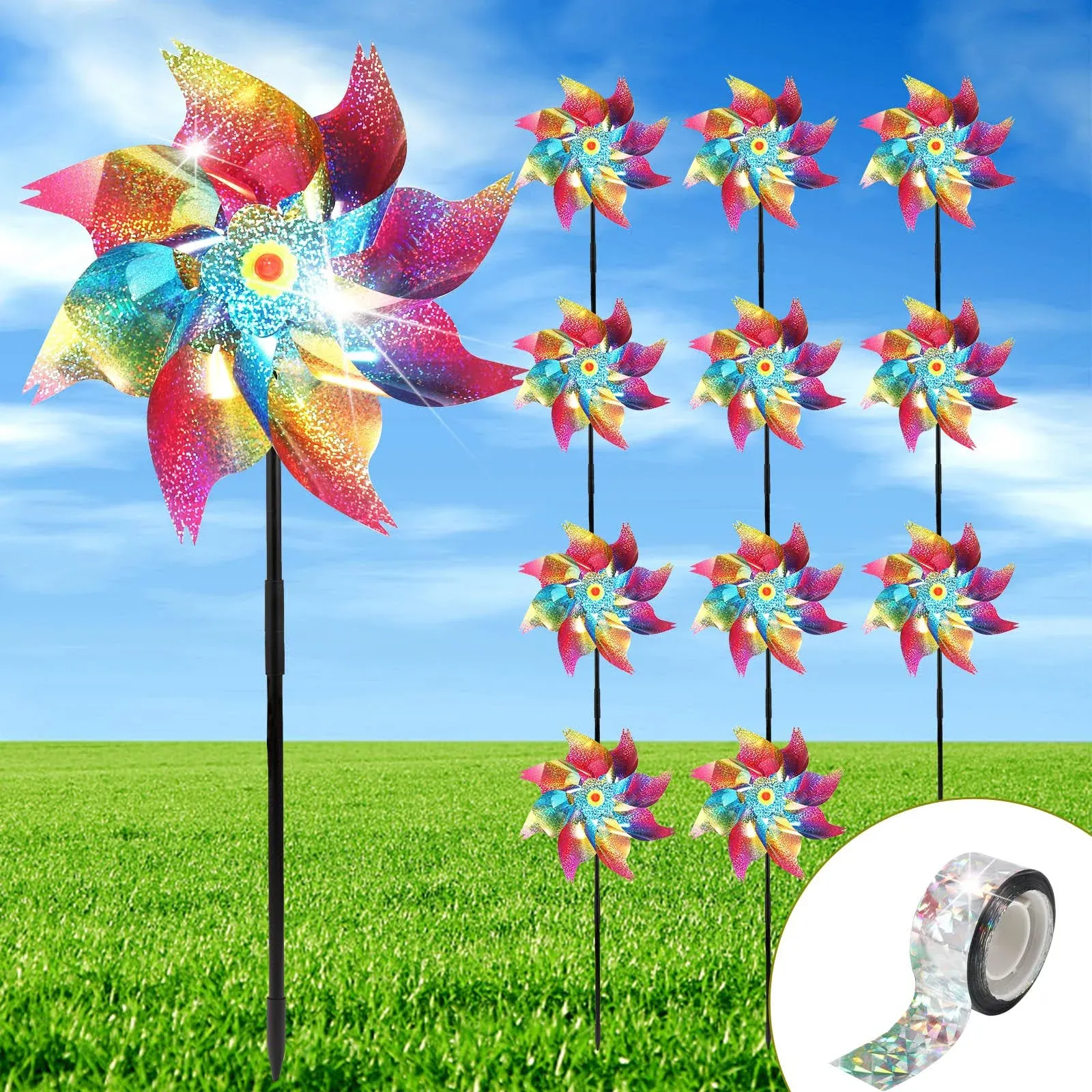 Pinwheels for Yard and Garden, 12Pack Reflective Pinwheels to Multicolor 12pack