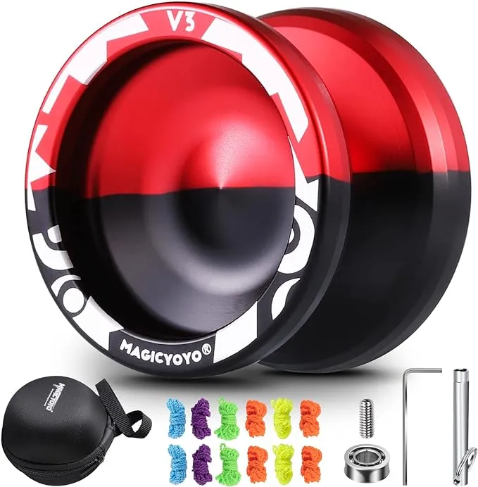 MAGICYOYO V3 Yoyo Professional Responsive Yoyo for Kids Beginners, Dual Purpose Yoyo Metal Yoyo with 12 Yoyo Strings + Storage Bag+ KK Bearing + Bearing Removal Tool + Axle (Black-and-Red)