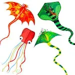 Crogift 4 Pack Kites - Large Fire Dragon Kite Green Snake Kite Devil Fish Kite Red Mollusc Octopus with Long Colorful Tail for Kids Adults Outdoor