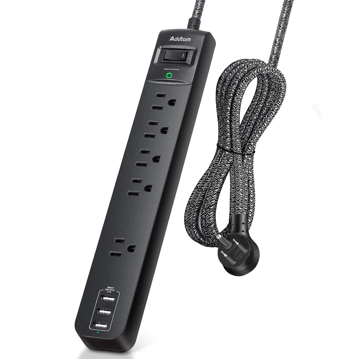 10 ft Power Strip Surge Protector- 5 Outlets 3 USB Ports, Flat Plug Braided Extension Cord, Overload Surge Protection, Wall Mount for Hotel, Home and