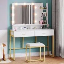 Vanity Set with Lighted Mirror,Vanity Desk with 2 Drawers,Makeup Vanity Dressing Table with 9 Lights for Women, Dresser Desk Vanity Set for Bedroom,with Cushioned Stool,Gold (White)