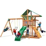 Gorilla Playsets 01-1080 Avalon Treehouse Wooden Swing Set with Oversized Green Vinyl Canopy Roof, Trapeze Arm, Climbing Wall, Ladder, Swings and Slid