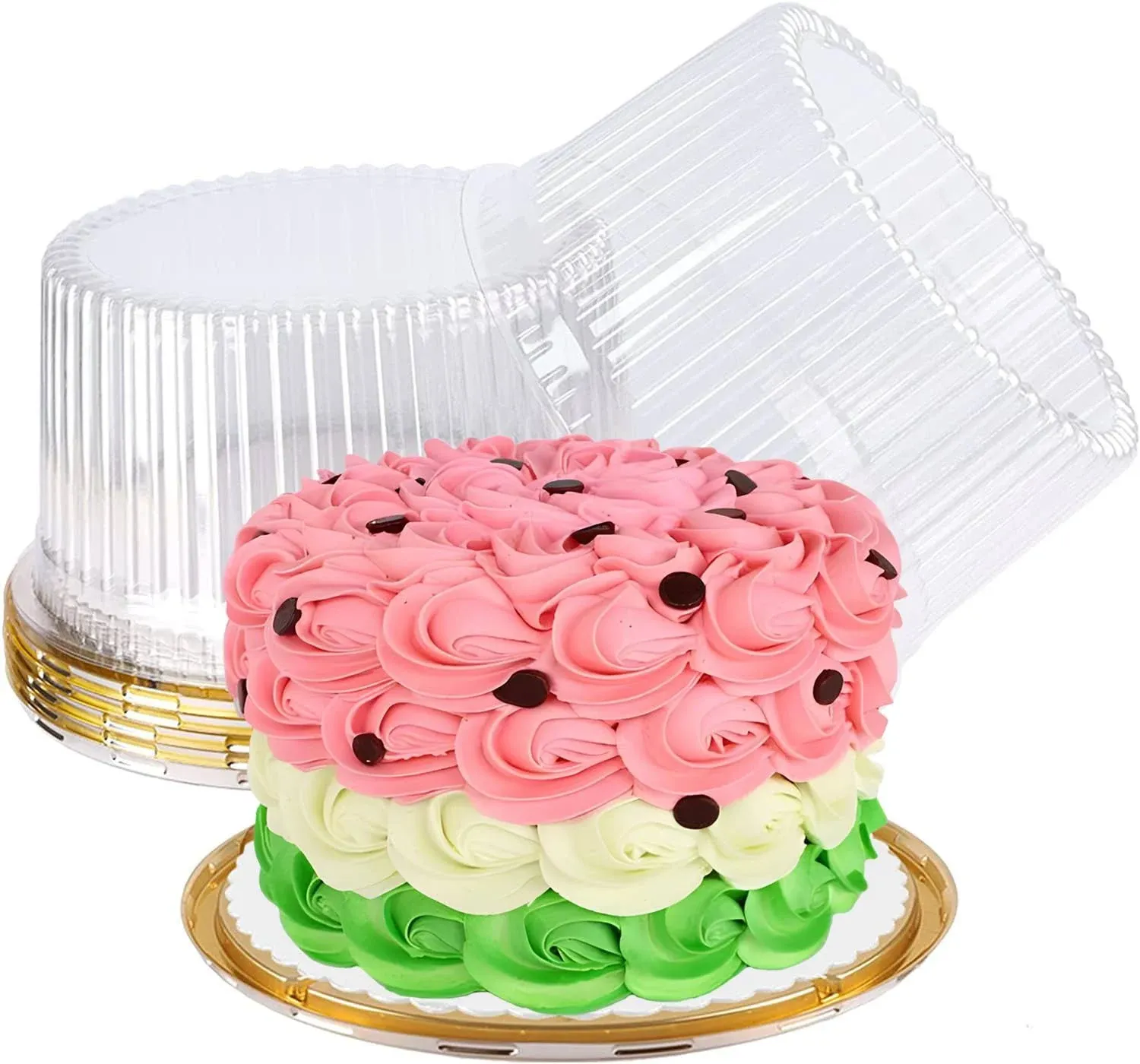 10 Inch Plastic Cake Carriers Gold Cake Containers with Lid and White Cake Boards, Clear Cupcake Holder for 1-2 Layer Cheesecake, Bundt Cake Pie Bakery Supplies (5 Pack)