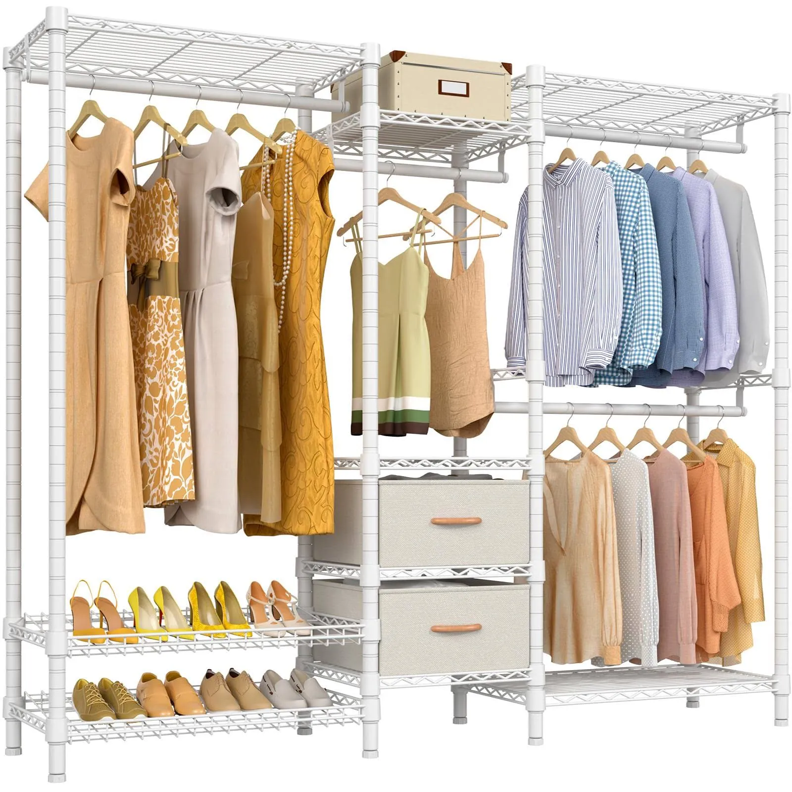 Garment Rack with Fabric Storage Drawer Shoes Rack White