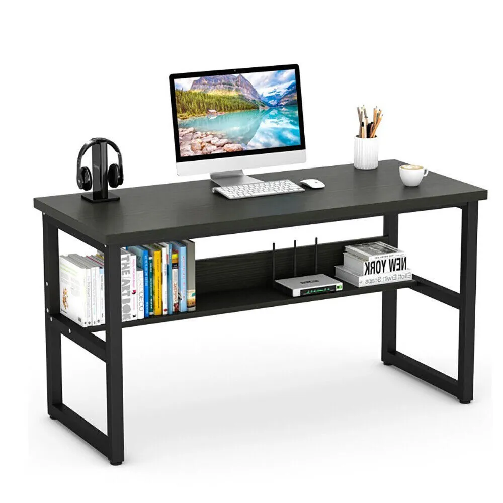 HOMCOM 55 Inch Home Office Computer Desk Study Writing Workstation with Storage Shelves, Elevated Monitor Shelf, CPU Stand, Durable X-Shaped Construction, Oak Wood Grain