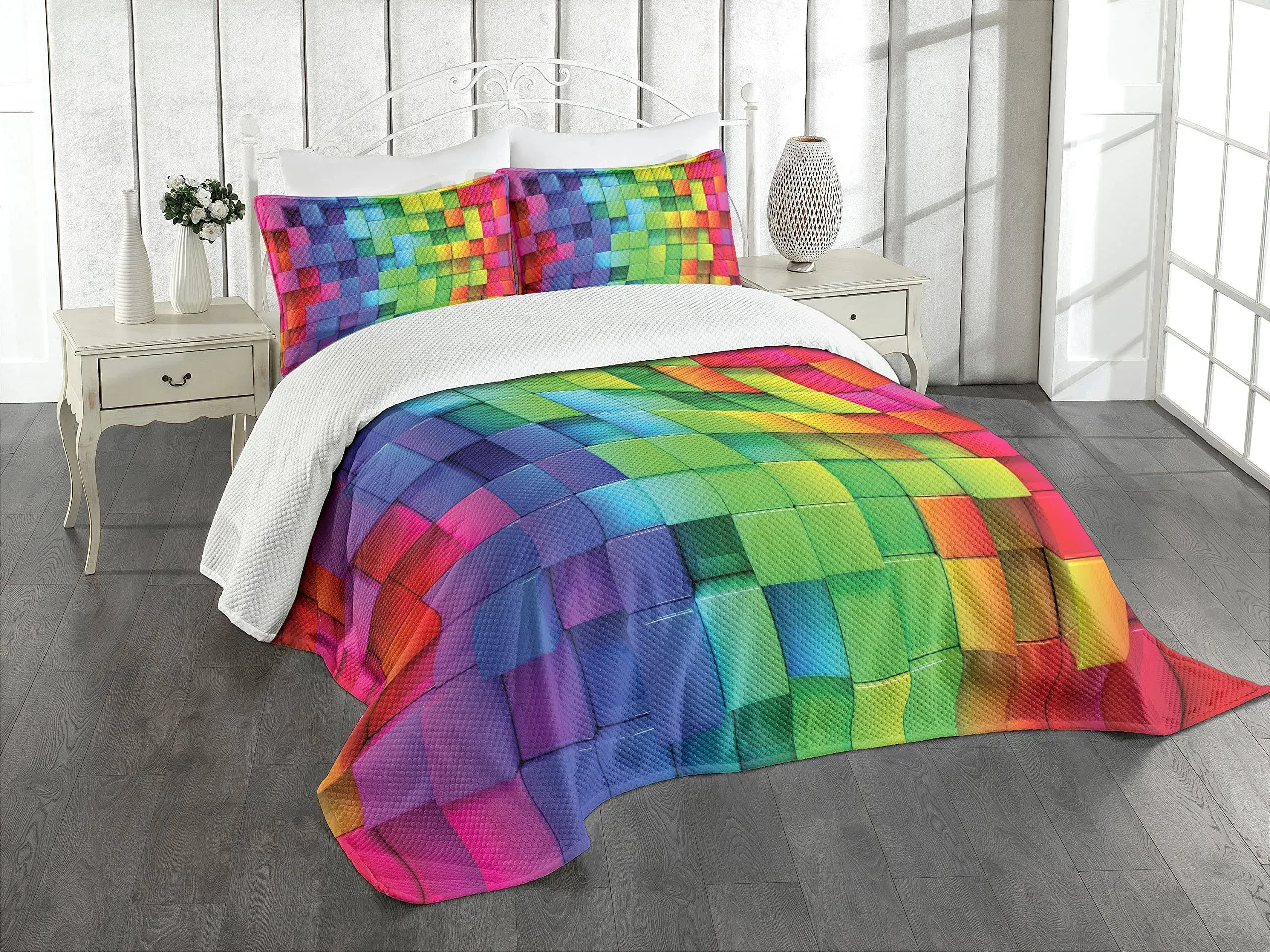 Ambesonne Colorful Rainbow Colored Contour Display Bedspread