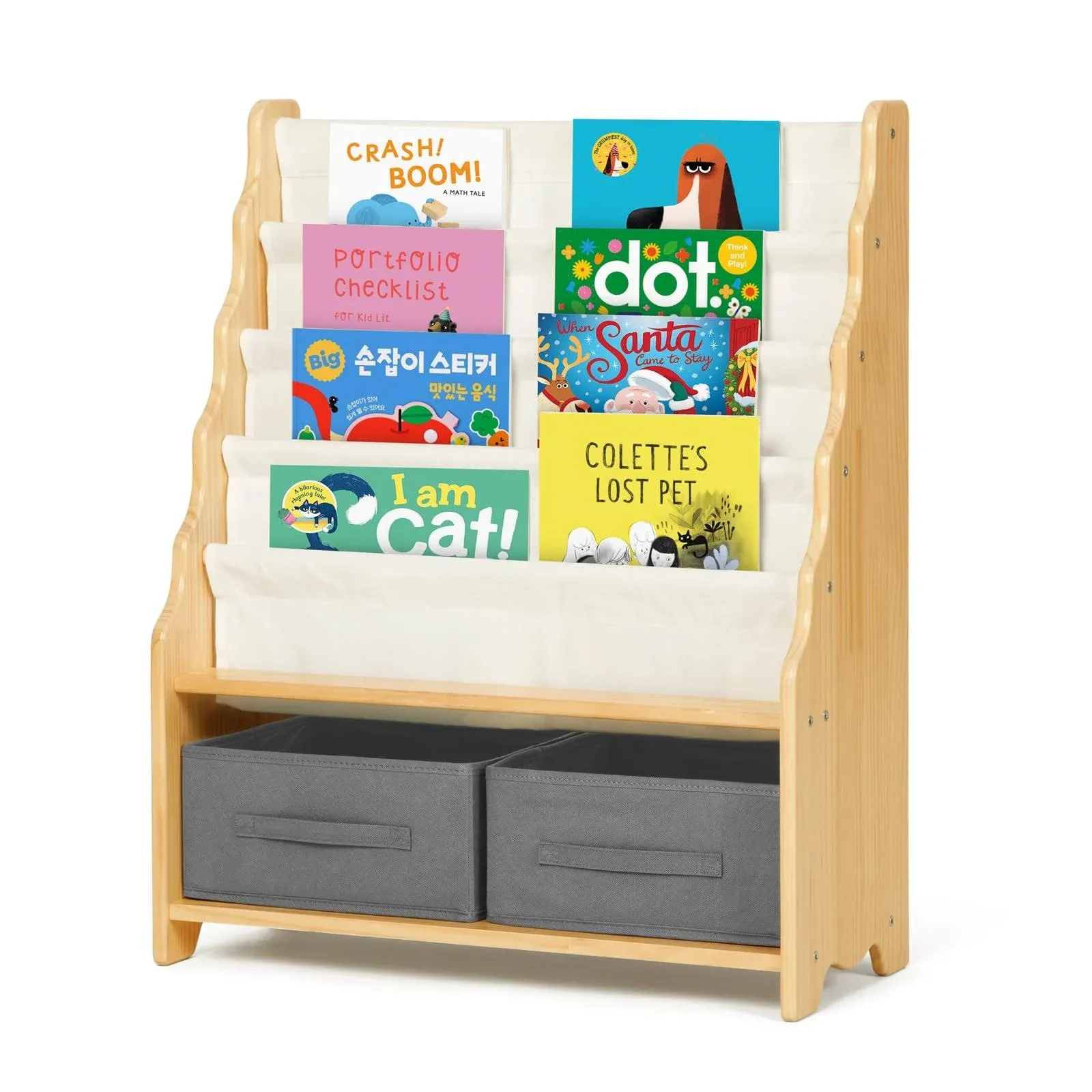 OOOK Solid Wooden Bookshelf for Kids, 27.6" L x 11" W x 34" H Toddler Bookshelf Equipped with 4 Sling Bookshelf, 2 Toy Organizer Shelves and Storage