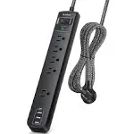 10 Ft Power Strip Surge Protector- 5 Outlets 3 USB Ports, Flat Plug Braided Exte