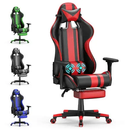 Soontrans Red Gaming Chair with Footrest, Leather Ergonomic Gaming Chairs for Adults with Massage Lumbar Support & Headrest for Office Work, Height