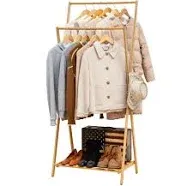 COPREE Bamboo Garment Coat Clothes Hanging Heavy Duty Rack Foldable Space Saving ...