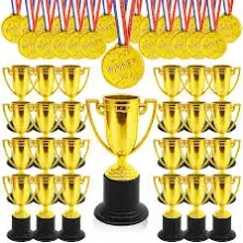 Fottaqqan 48PCS Mini Awards Trophies Cups Medals for ,4inch Plastic Golden Tr...