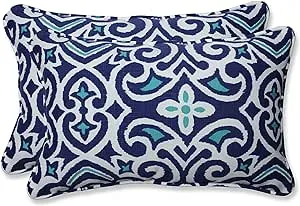 Pillow Perfect Damask Indoor/Outdoor Accent Throw Pillow, Plush Fill, Weather, and Fade Resistant, Lumbar - 11.5" x 18.5" , Blue/White New Damask, 2 Count