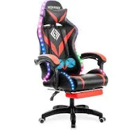 Gaming Chair with Speakers and LED Lights Ergonomic Computer Chair with Massage and Footrest Reclining Video Game Chair for Adults with Adjustable Lumbar Support Red and Black