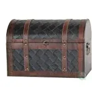 Wooden Leather Round Top Treasure Chest - Brown